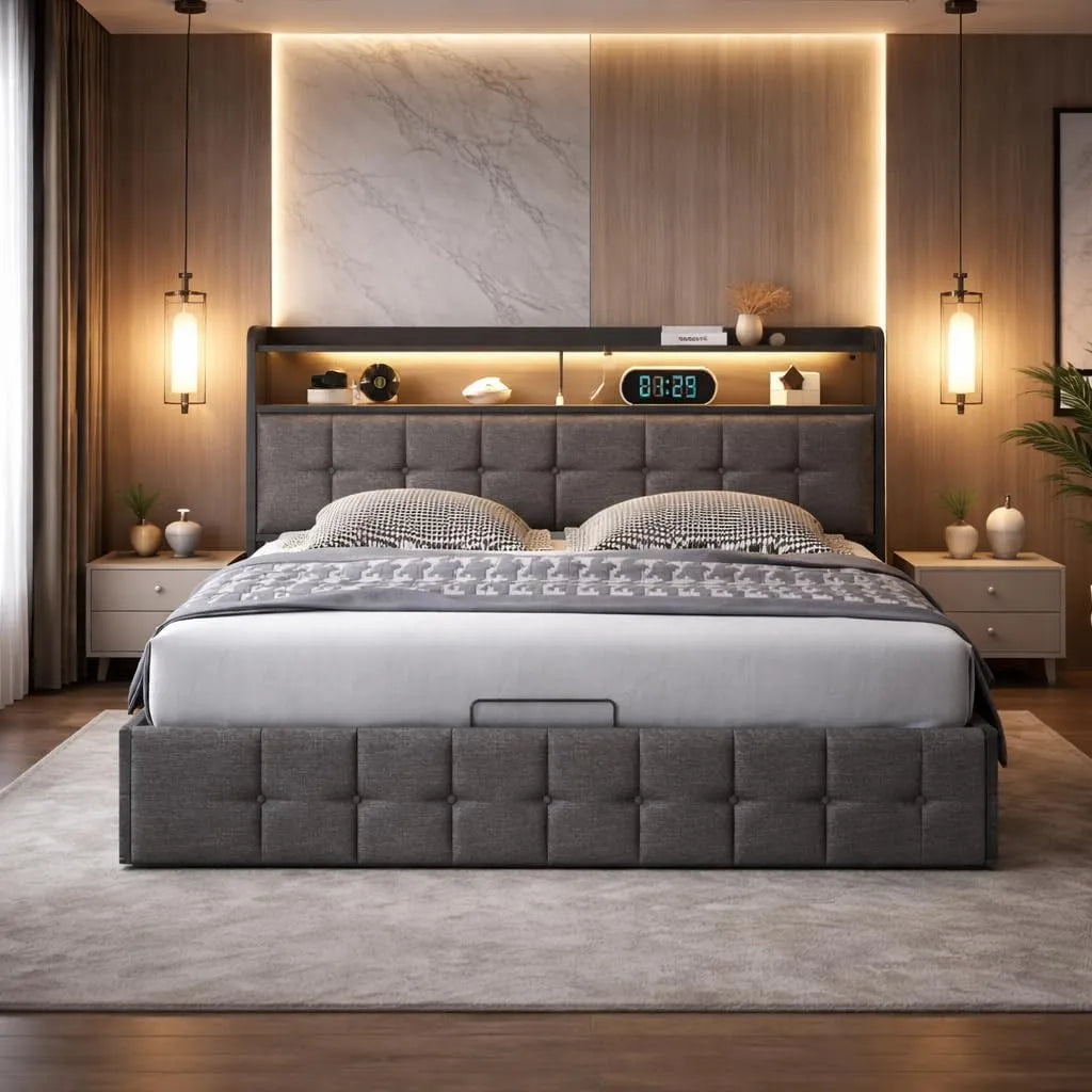 Łóżko tapicerowane i rama łóżka z obiciem: z portem USB, wyświetlacz LED, 140 × 190, 140 × 190 cm, tapicerka materiałowa