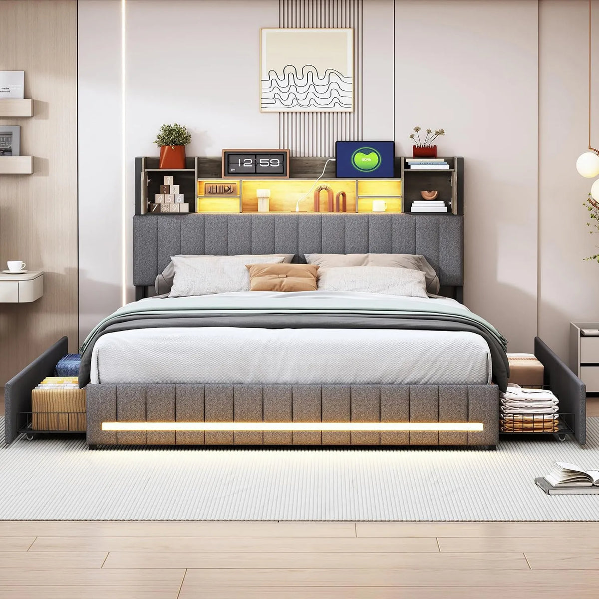 Łóżko tapicerowane i rama łóżka z obiciem — ze schowkiem, z szufladami, z portem USB, wyświetlacz LED, 4 szufladami, 160 × 200 cm