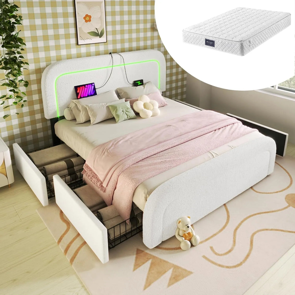 Łóżko tapicerowane i rama łóżka z obiciem – z szufladami, z portem USB, wyświetlacz LED, 4 szuflady, 140 × 200 cm, biały, tapicerka materiałowa