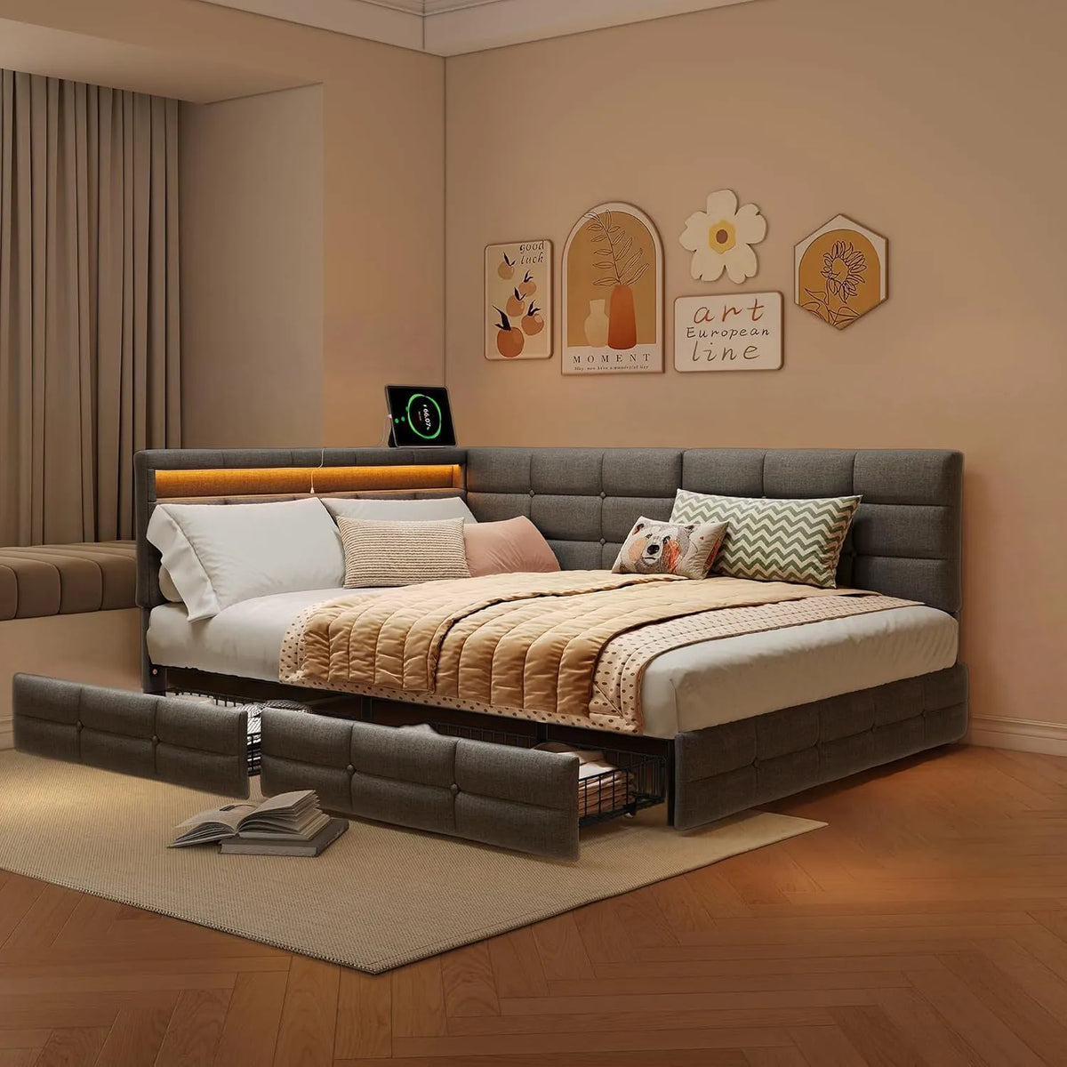 Łóżko tapicerowane i rama łóżka z obiciem — z szufladami, z portem USB, 2 szufladami, 140 × 190 cm, szary