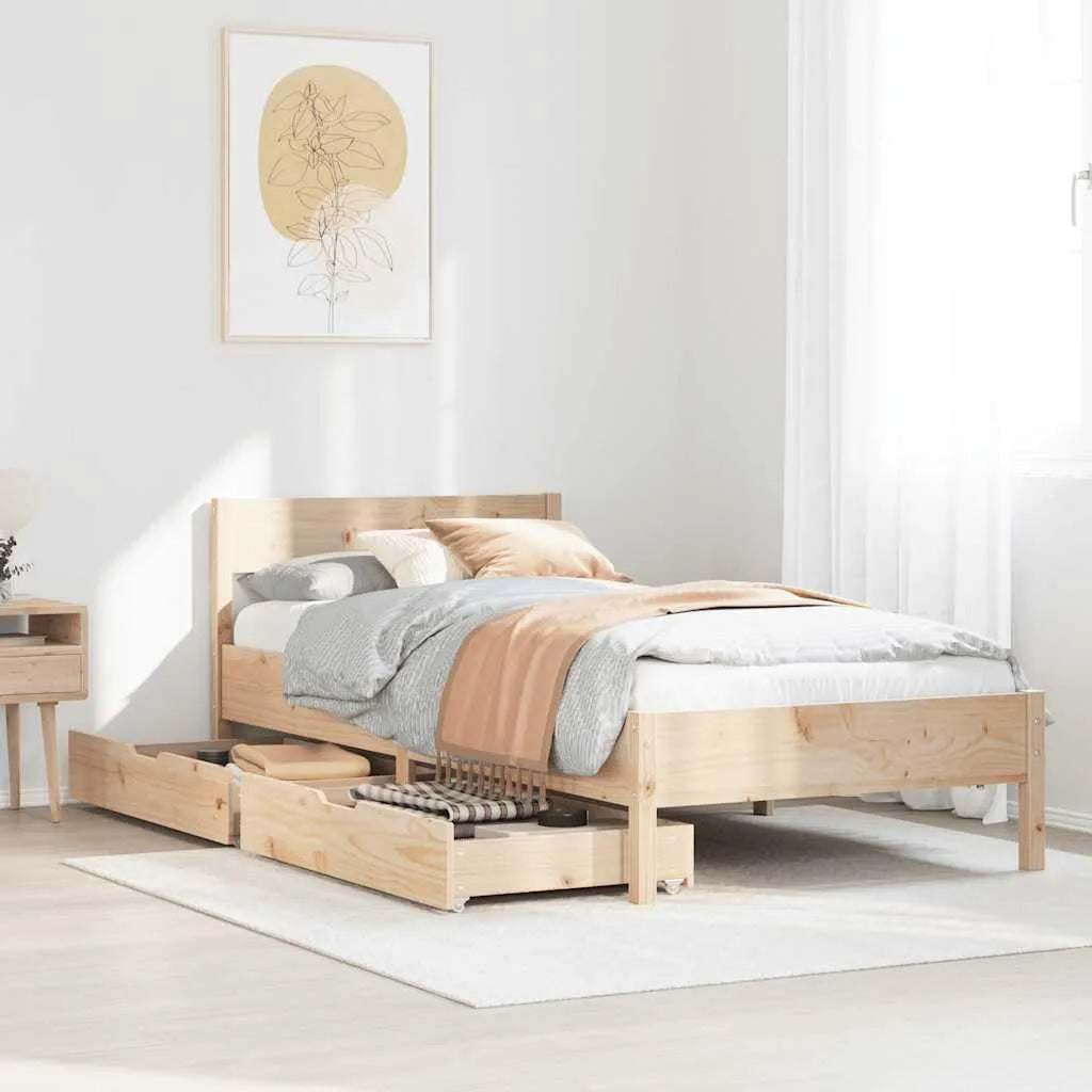 Łóżko z litego drewna sosnowego – z drewna, z szufladami, 75 × 190 cm, tapicerka materiałowa
