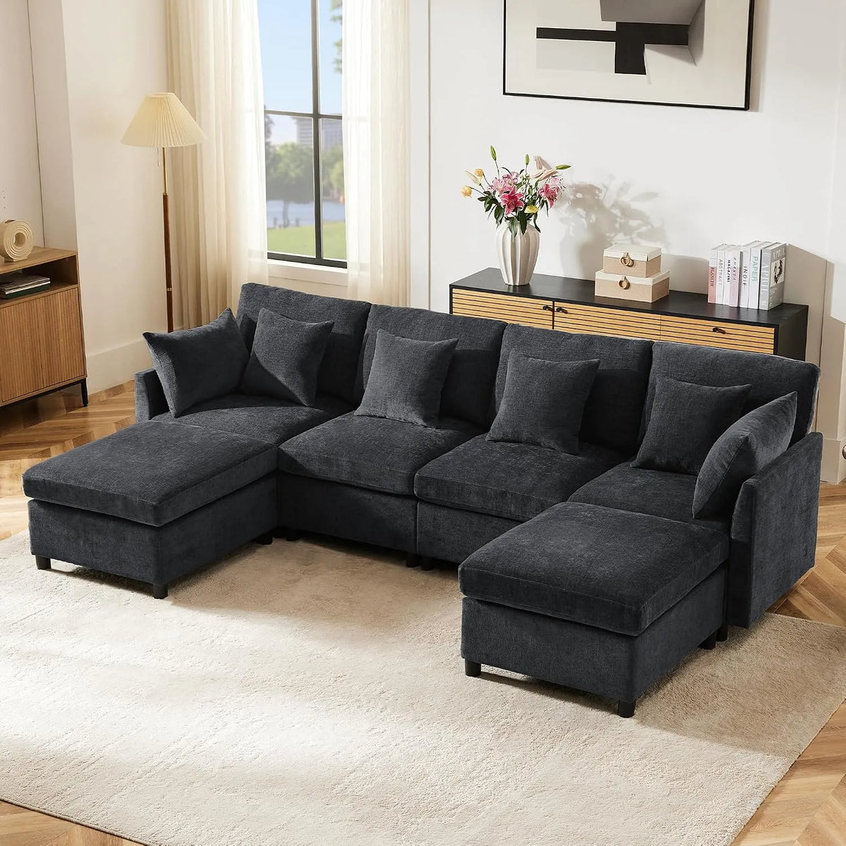 Sofa narożna: modułowa konstrukcja, w kształcie litery L, w kształcie litery U, z tkaniny szenilowej