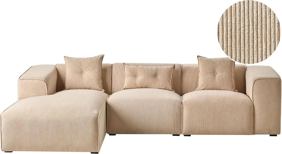 Sofa narożna: ze sztruksu, z poduszkami, 3-osobowy, beżowy
