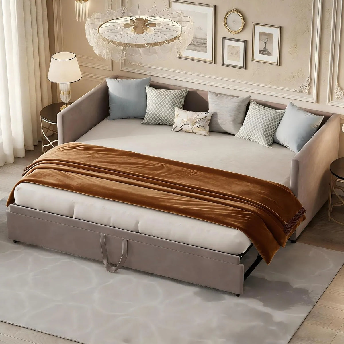 Sofa — z funkcją spania, tapicerka aksamitna, 2-osobowa, 180 × 200 cm, szary, rozkładana konstrukcja, tapicerka materiałowa