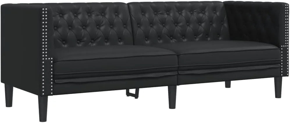 Sofa – 3-osobowa, czarny, tapicerka skórzana