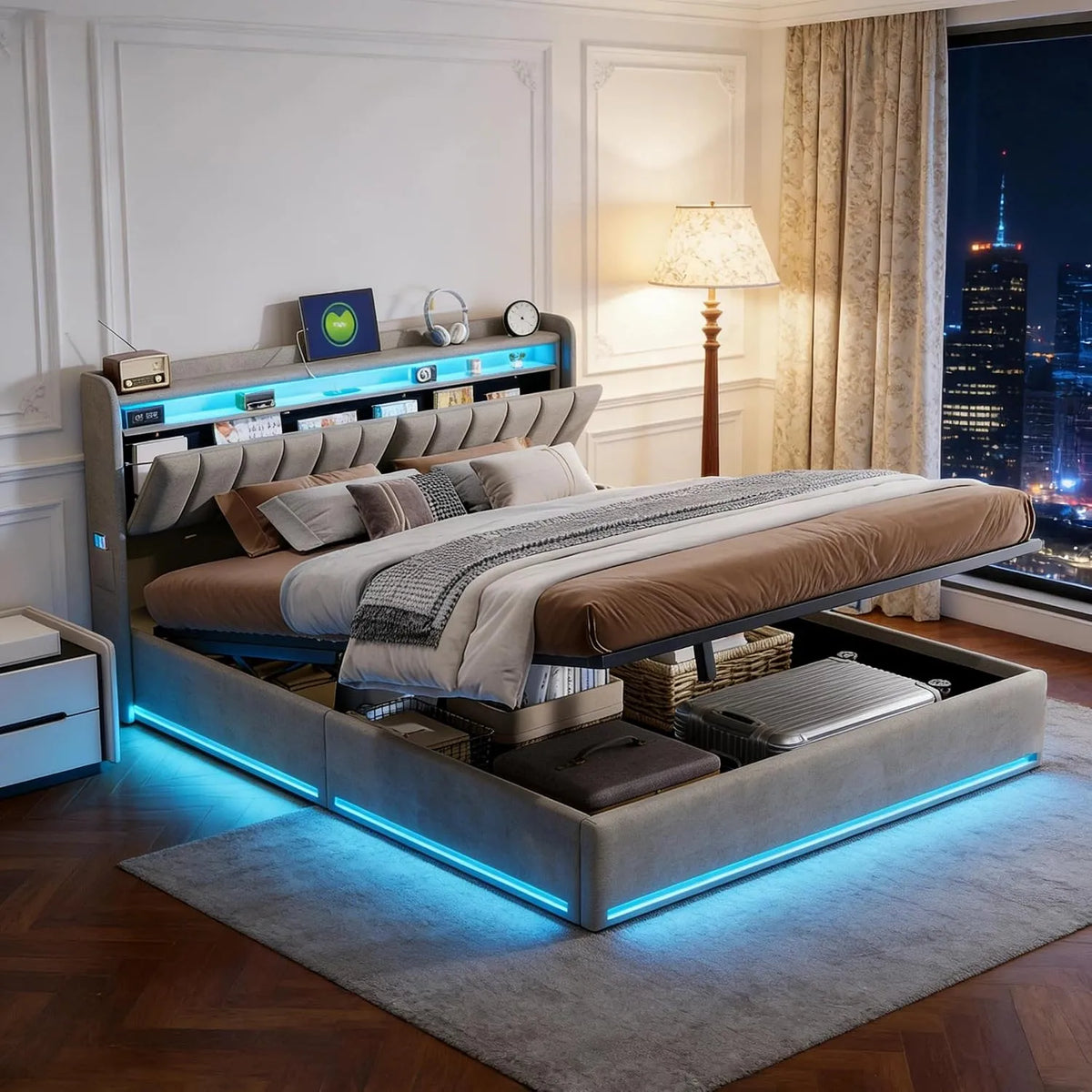 Łóżko tapicerowane i rama łóżka z obiciem — z portem USB, wyświetlacz LED, 140 × 200 cm