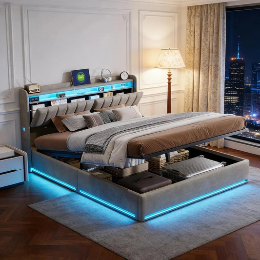 Łóżko tapicerowane i rama łóżka z obiciem — z portem USB, wyświetlacz LED, 140 × 200 cm