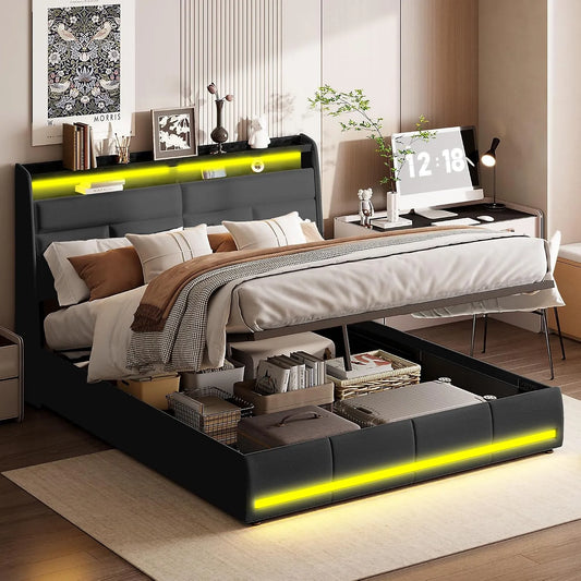 Łóżko tapicerowane i rama łóżka z obiciem – ze skóry PU, 160 × 200 cm, czarny, z oświetleniem LED, tapicerka materiałowa