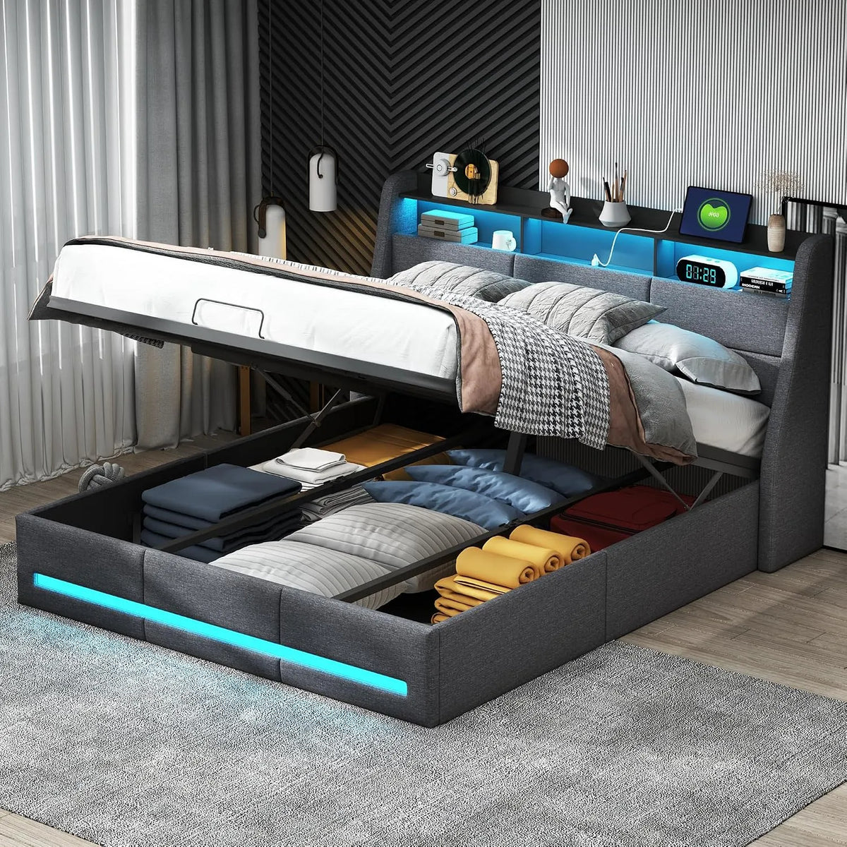 Łóżko tapicerowane i rama łóżka z obiciem: z portem USB, wyświetlacz LED, 140 × 190 cm
