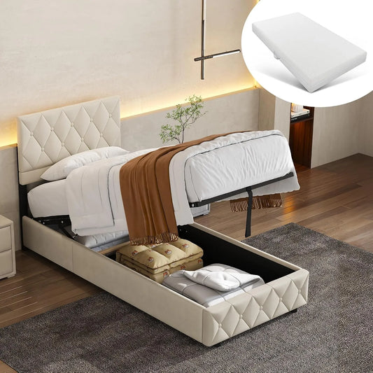 okwish Łóżko kontynentalne tapicerowane 90 x 200 cm z zagłówkiem — z drewna, 90 × 200 cm, z metalu, tapicerka materiałowa