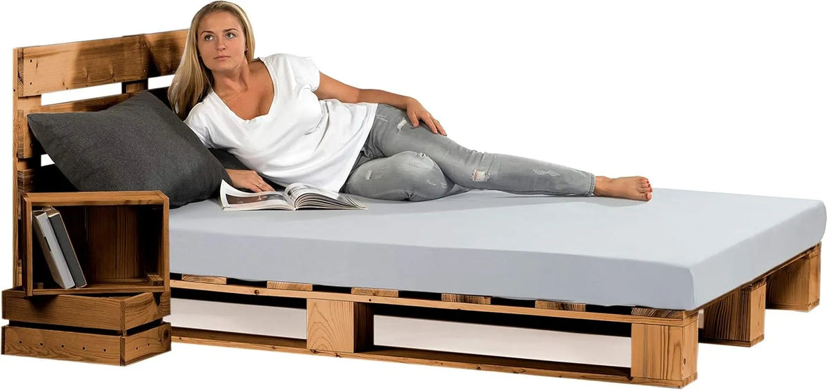 sunnypillow Łóżko z paletami z zagłówkiem 80 – z drewna, 220, 240 × 200 cm