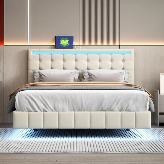 Łóżko tapicerowane i rama łóżka z obiciem: tapicerka materiałowa, z portem USB, wyświetlacz LED, 140 × 200 cm, beżowy, tapicerka materiałowa