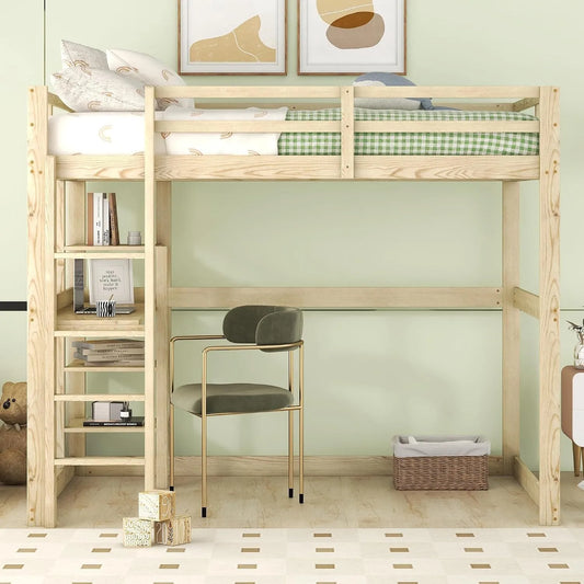 Łóżko antresolowe 140 x 200 z naturalnego drewna sosnowego — z drewna, z biurkiem, 140 × 200, 4 p, tapicerka materiałowa