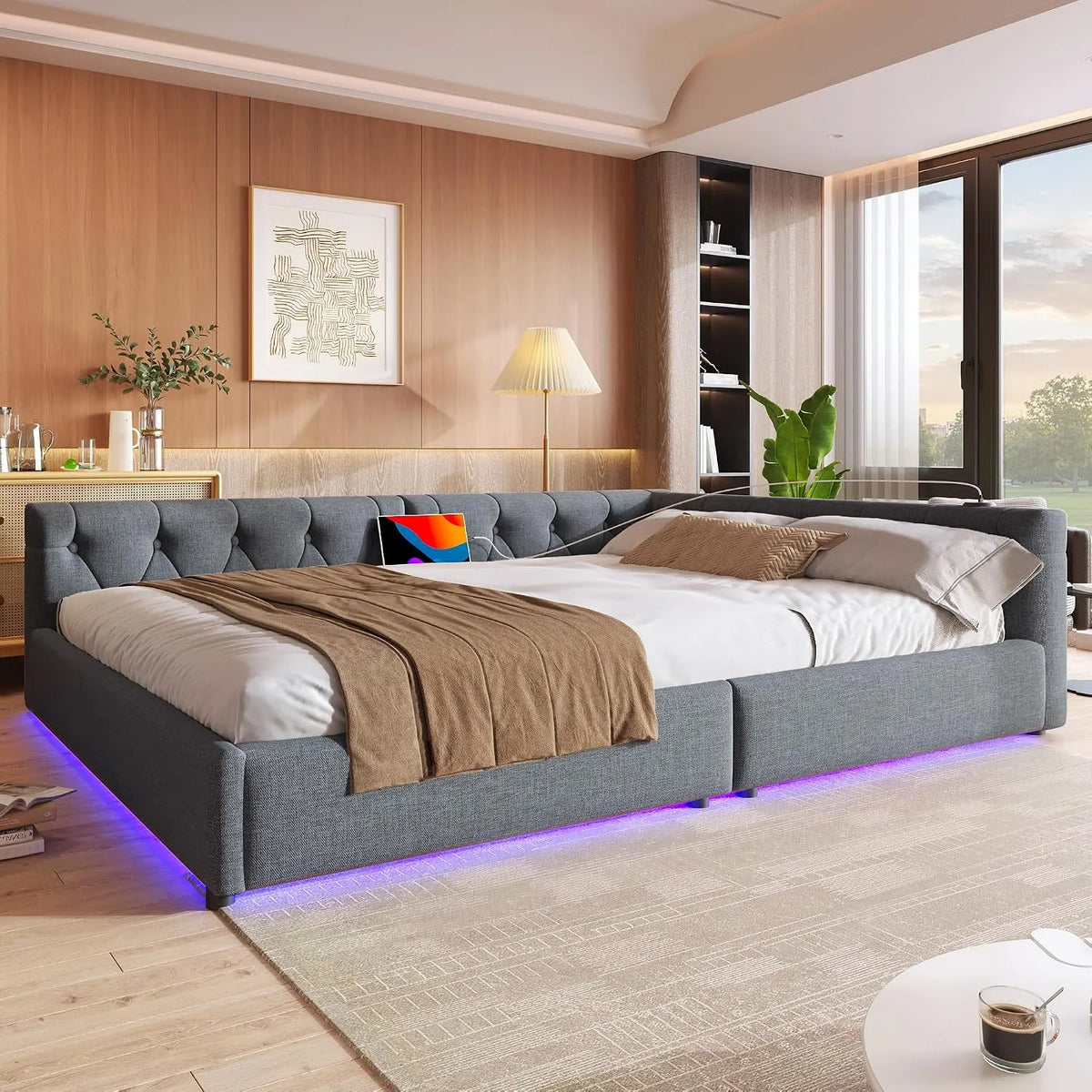 Sofa: z portem USB, wyświetlacz LED, 140 × 200 cm, szary, tapicerka materiałowa
