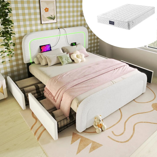 Łóżko tapicerowane i rama łóżka z obiciem – z szufladami, z portem USB, wyświetlacz LED, 4 szuflady, 140 × 200 cm, biały, tapicerka materiałowa