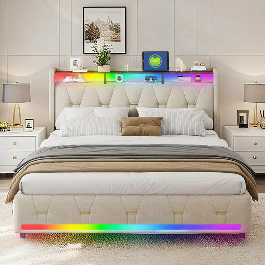 Beżowe Tapicerowane Łóżko Podwójne: tapicerka materiałowa, z drewna, z szufladami, z portem USB, 4 szufladami, 160 × 200 cm, beżowy