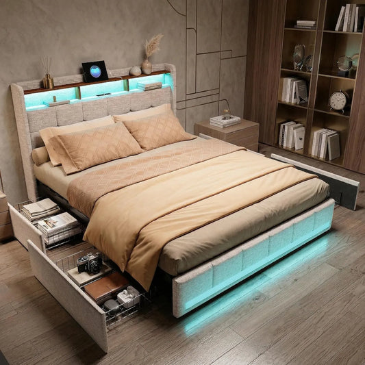 Tapicerowane łóżko podwójne 140 x 200 cm – z szufladami, z portem USB, wyświetlacz LED, 4 szufladami, 140 × 200 cm, tapicerka materiałowa