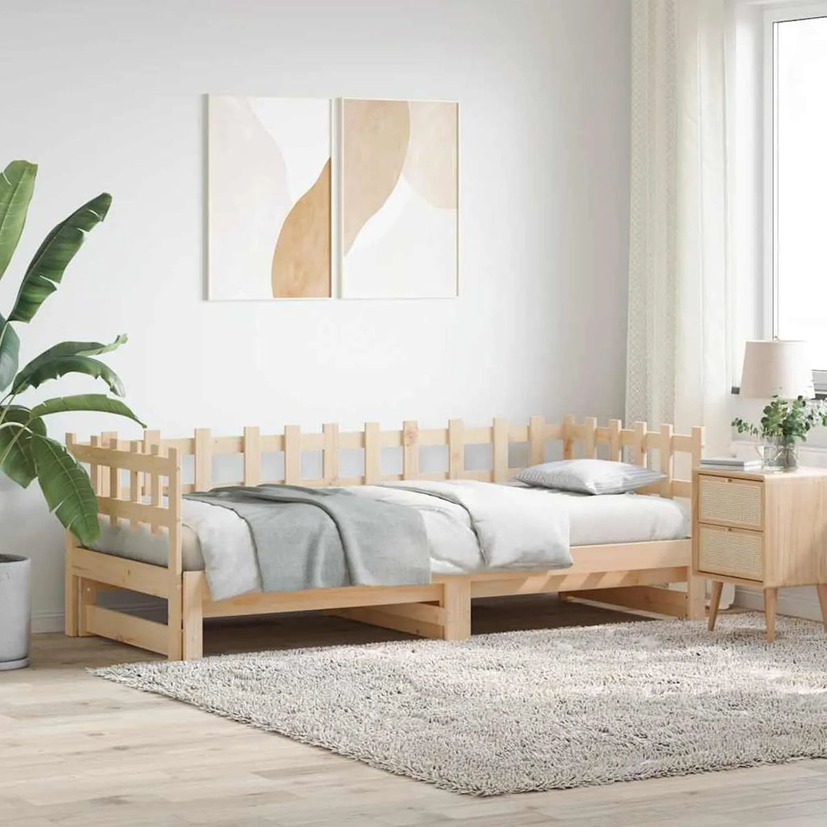 Łóżko dzienne i łóżko dla gości: z drewna, 2 × 90 × 200 cm, z litego drewna, tapicerka materiałowa