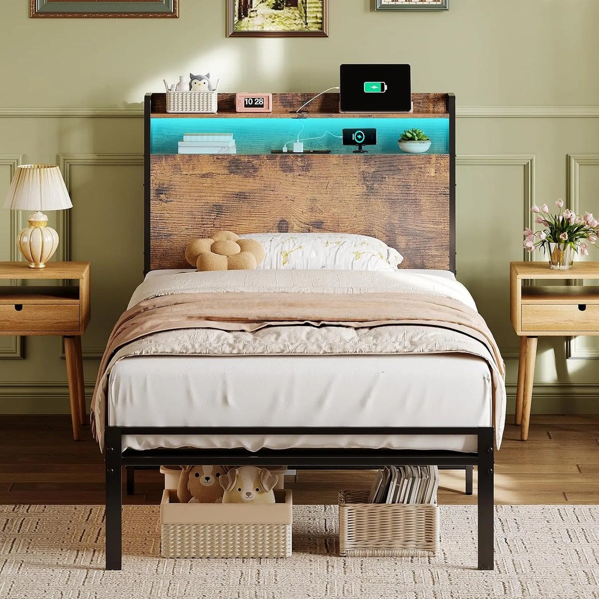 Łóżko 90 x 200 cm – z drewna, z portem USB, wyświetlacz LED, 90 × 200 cm, z metalu, tapicerka materiałowa