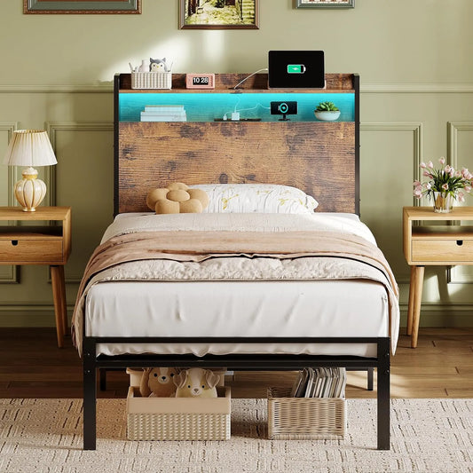 Łóżko 90 x 200 cm – z drewna, z portem USB, wyświetlacz LED, 90 × 200 cm, z metalu, tapicerka materiałowa