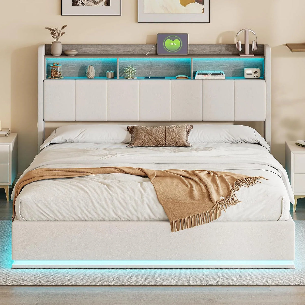 Wyściełane podwójne łóżko — z portem USB, wyświetlacz LED, 160 × 200 cm, biały