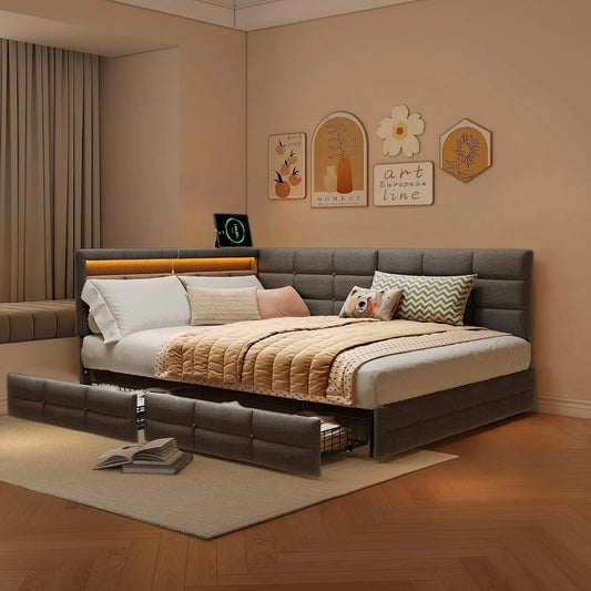Łóżko tapicerowane i rama łóżka z obiciem — z szufladami, z portem USB, 2 szufladami, 140 × 190 cm, szary