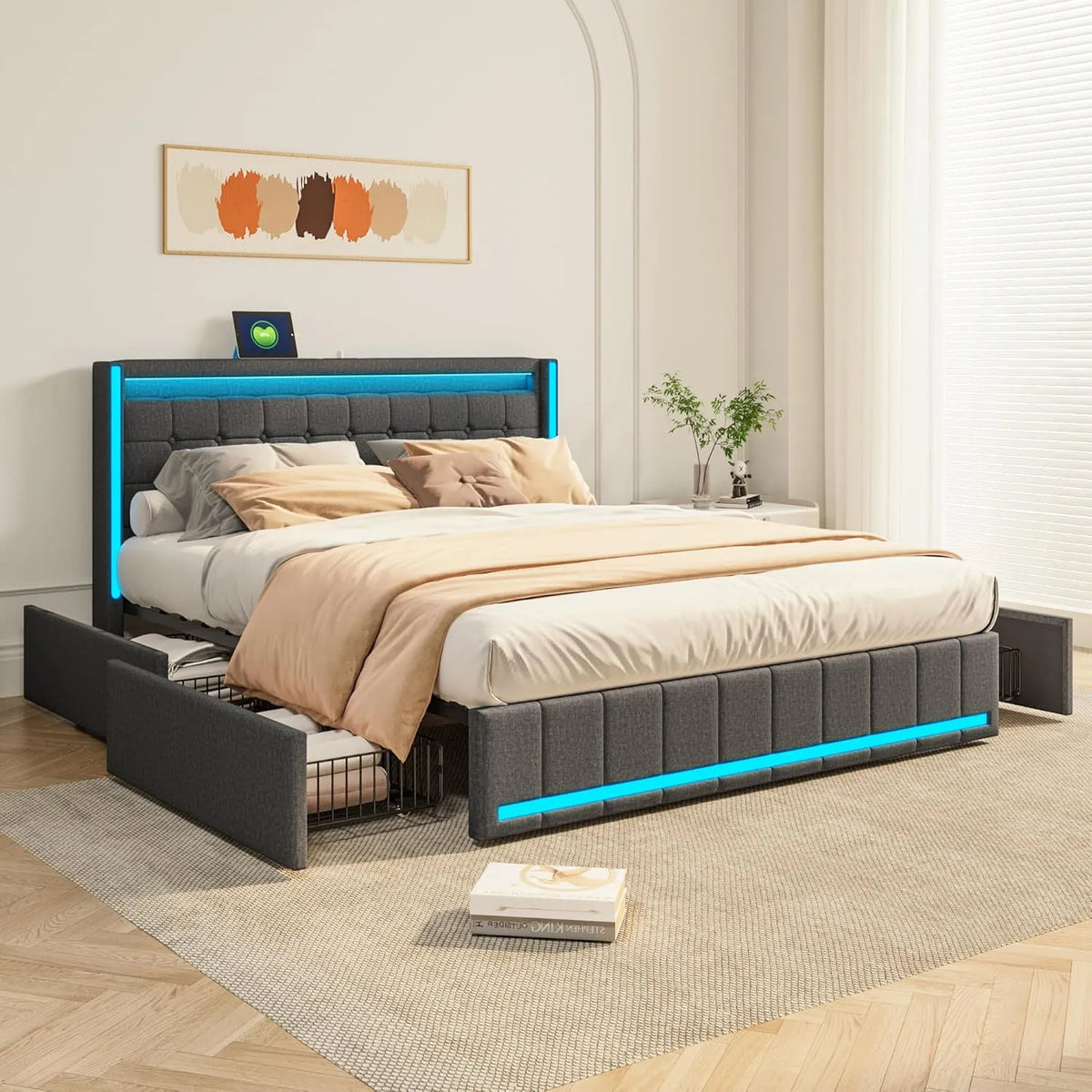 Łóżko 160 x 200 z siecią LED i USB – z szufladami, z portem USB, wyświetlacz LED, 4 szufladami, 160 × 200, 160 × 200 cm