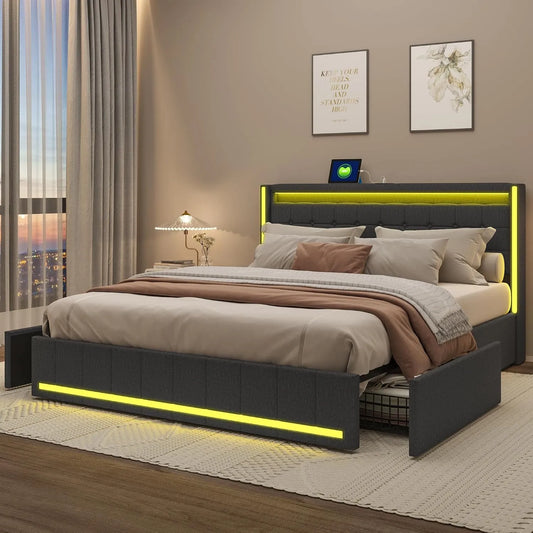 Łóżko tapicerowane i rama łóżka z obiciem — z szufladami, z portem USB, wyświetlacz LED, 4 szufladami, 140 × 190 cm, szary