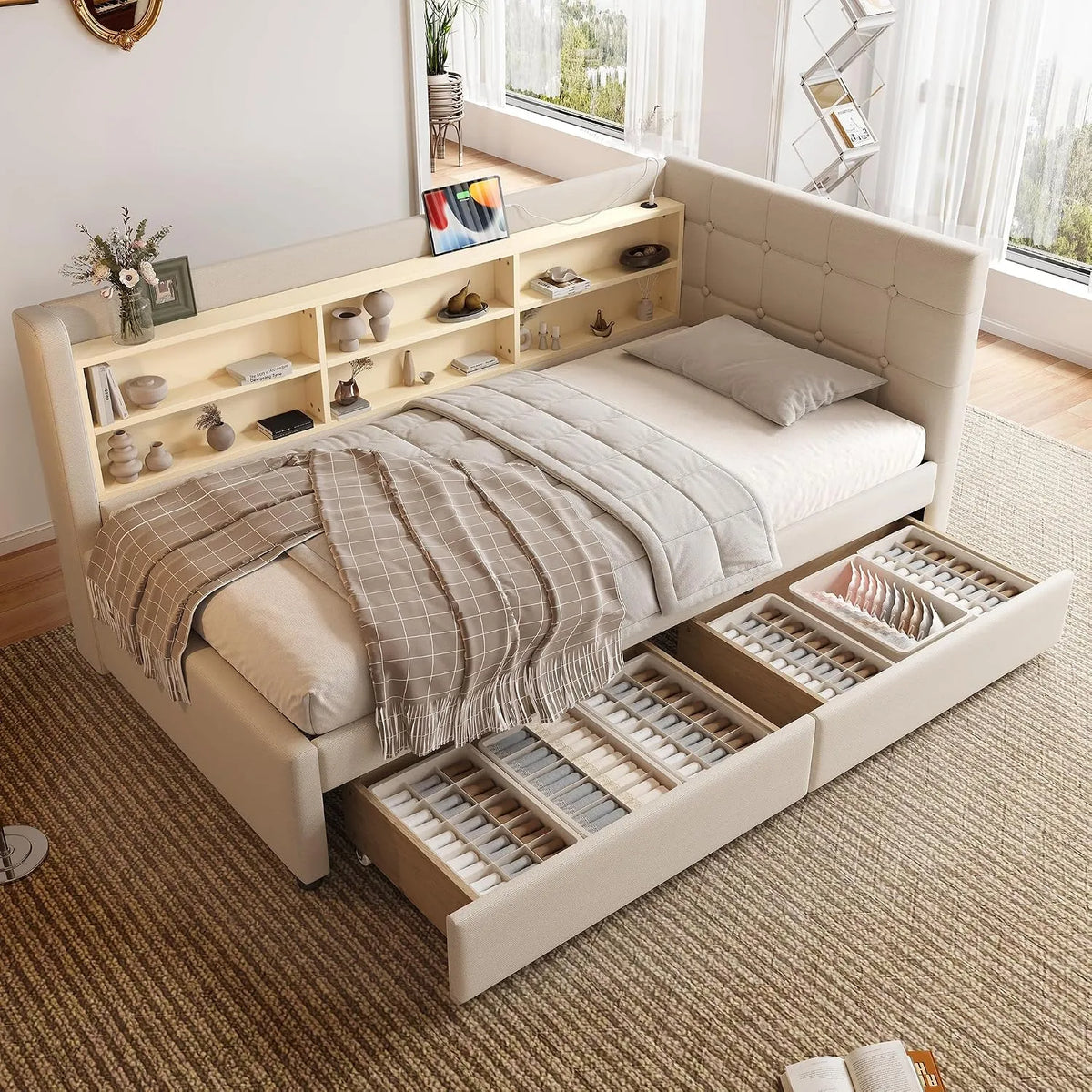 Sofa – z szufladami, z portem USB, 2 szufladami, 90 × 200 cm, beżowy, tapicerka materiałowa