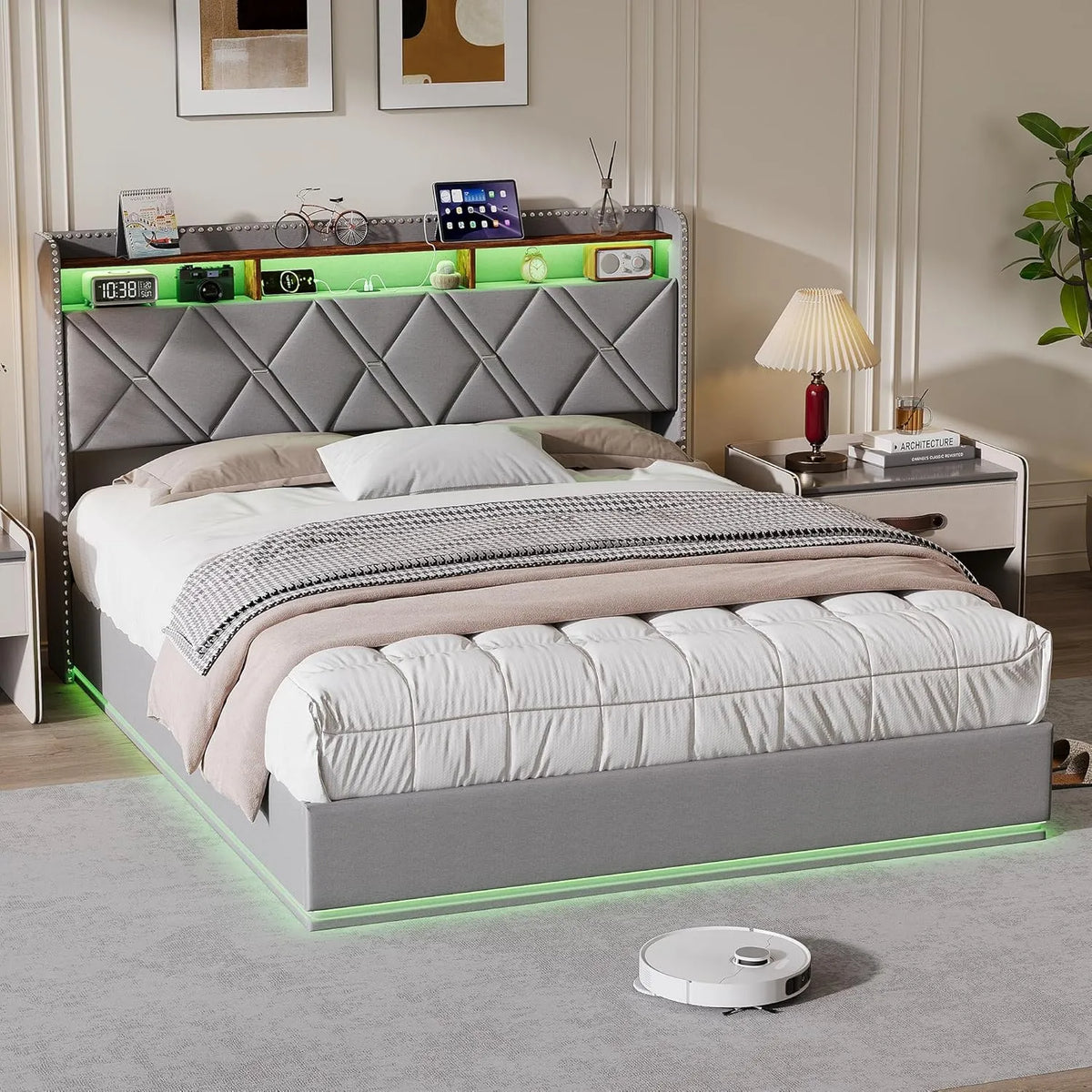 Łóżko tapicerowane i rama łóżka z obiciem — z portem USB, wyświetlacz LED, 160 × 200 cm