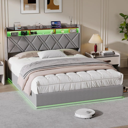 Łóżko tapicerowane i rama łóżka z obiciem — z portem USB, wyświetlacz LED, 160 × 200 cm