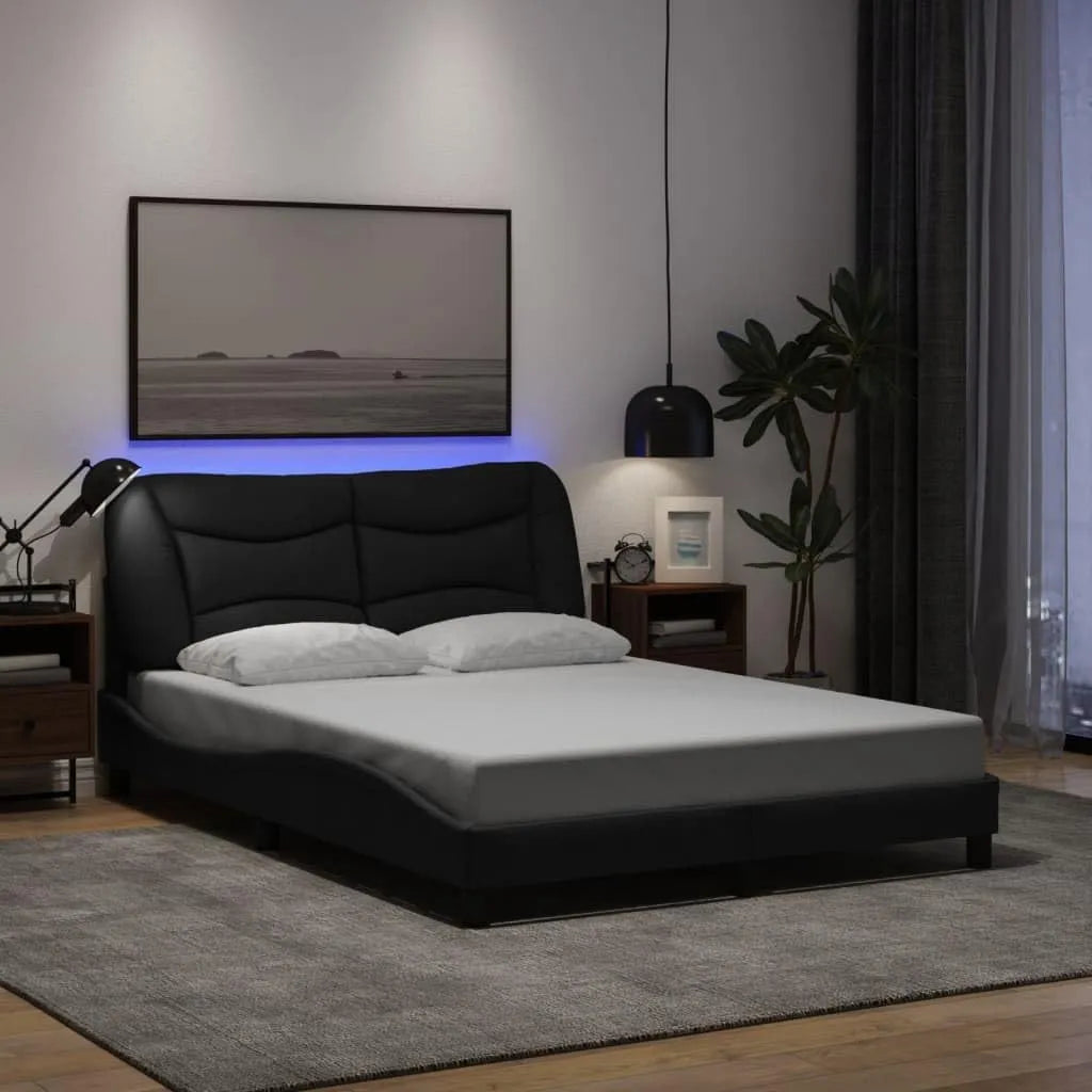 Rama łóżka i konstrukcja łóżka z diodami LED bez materaca Hvar czarna: z portem USB, wyświetlacz LED, 140 × 200 cm, czarny