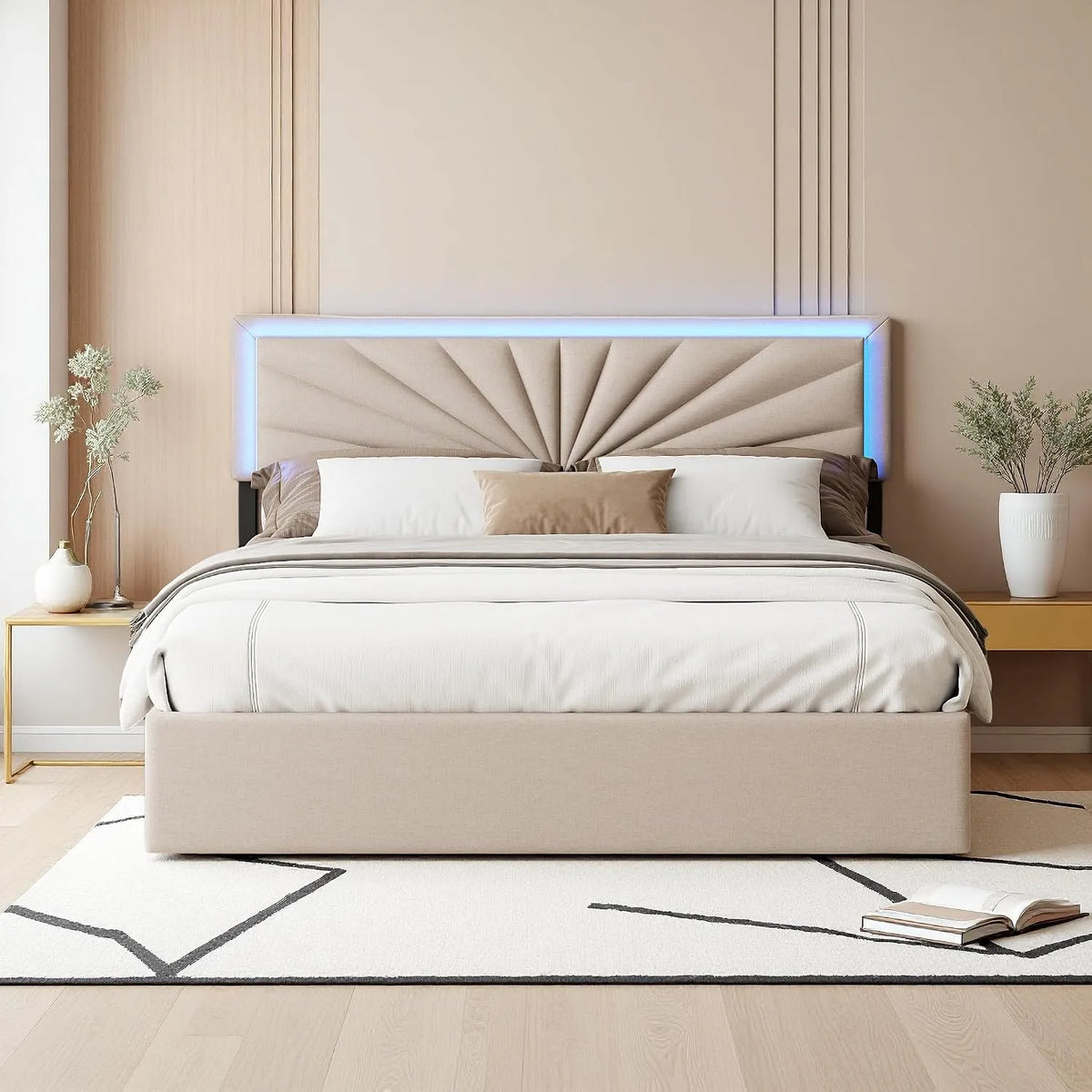 Łóżko tapicerowane i rama łóżka z obiciem – z drewna, z szufladami, wyświetlacz LED, 4 szufladami, 160 × 200 cm, beżowy, tapicerka materiałowa
