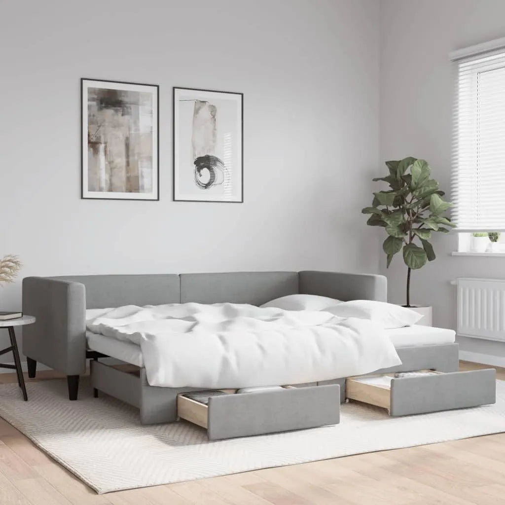 Sofa — z drewna, ze schowkiem, z szufladami, na kółkach, 90 × 200 cm, z metalu, tapicerka materiałowa
