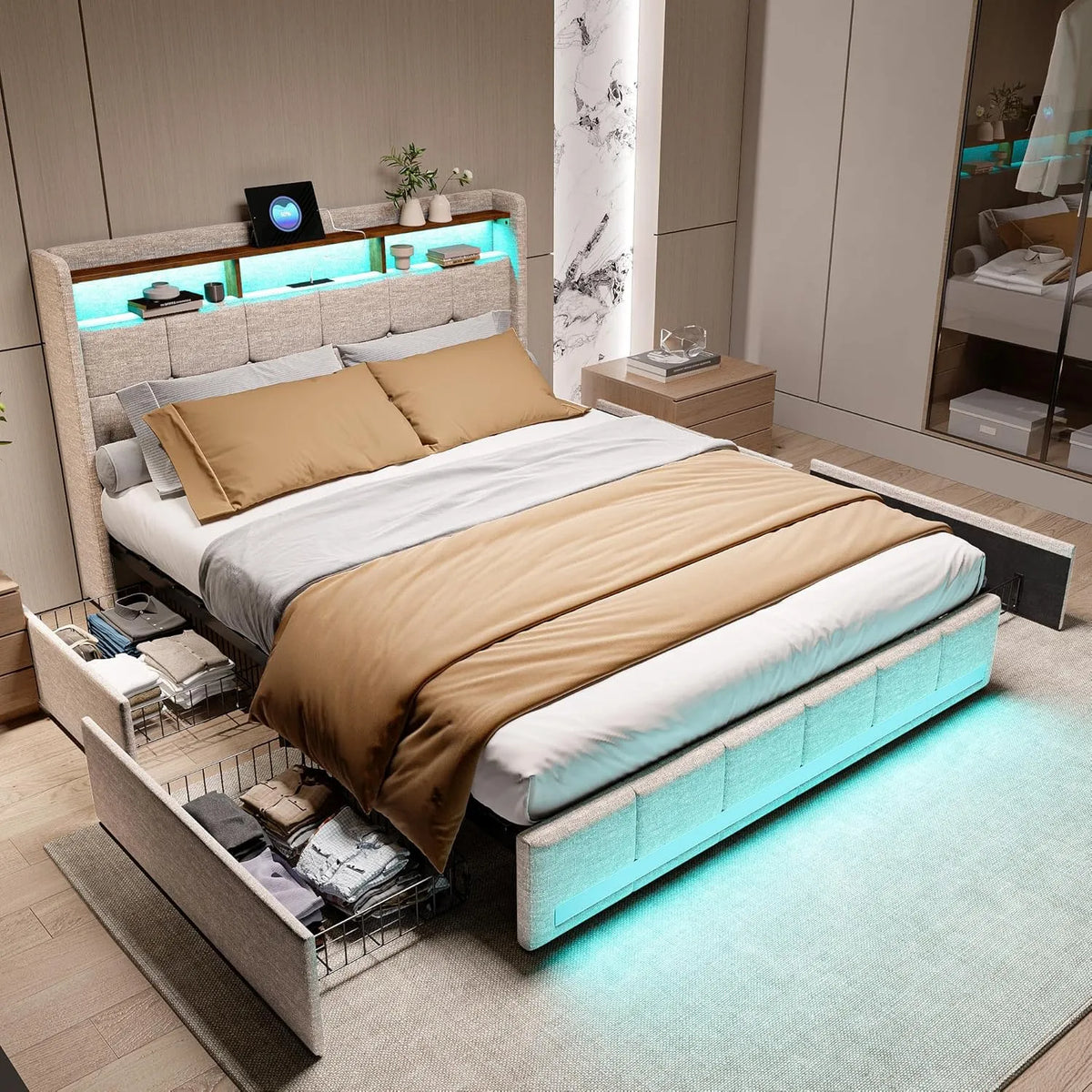 Łóżko tapicerowane i rama łóżka z obiciem — tapicerka materiałowa, z szufladami, z portem USB, wyświetlacz LED, 4 szufladami, 180 × 200, 180 × 200 cm