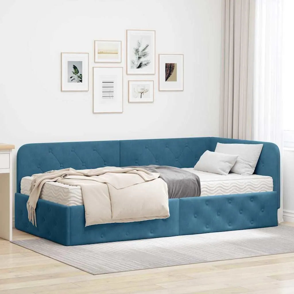 Sofa – w kształcie litery L, wypełnienie piankowe, tapicerka aksamitna, 90 × 200 cm, niebieski, tapicerka materiałowa
