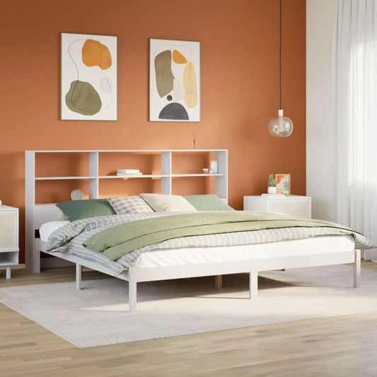 Łóżko z litego drewna z Regał na książki i regał stojącyem — z drewna, 180 × 200 cm, biały, tapicerka materiałowa