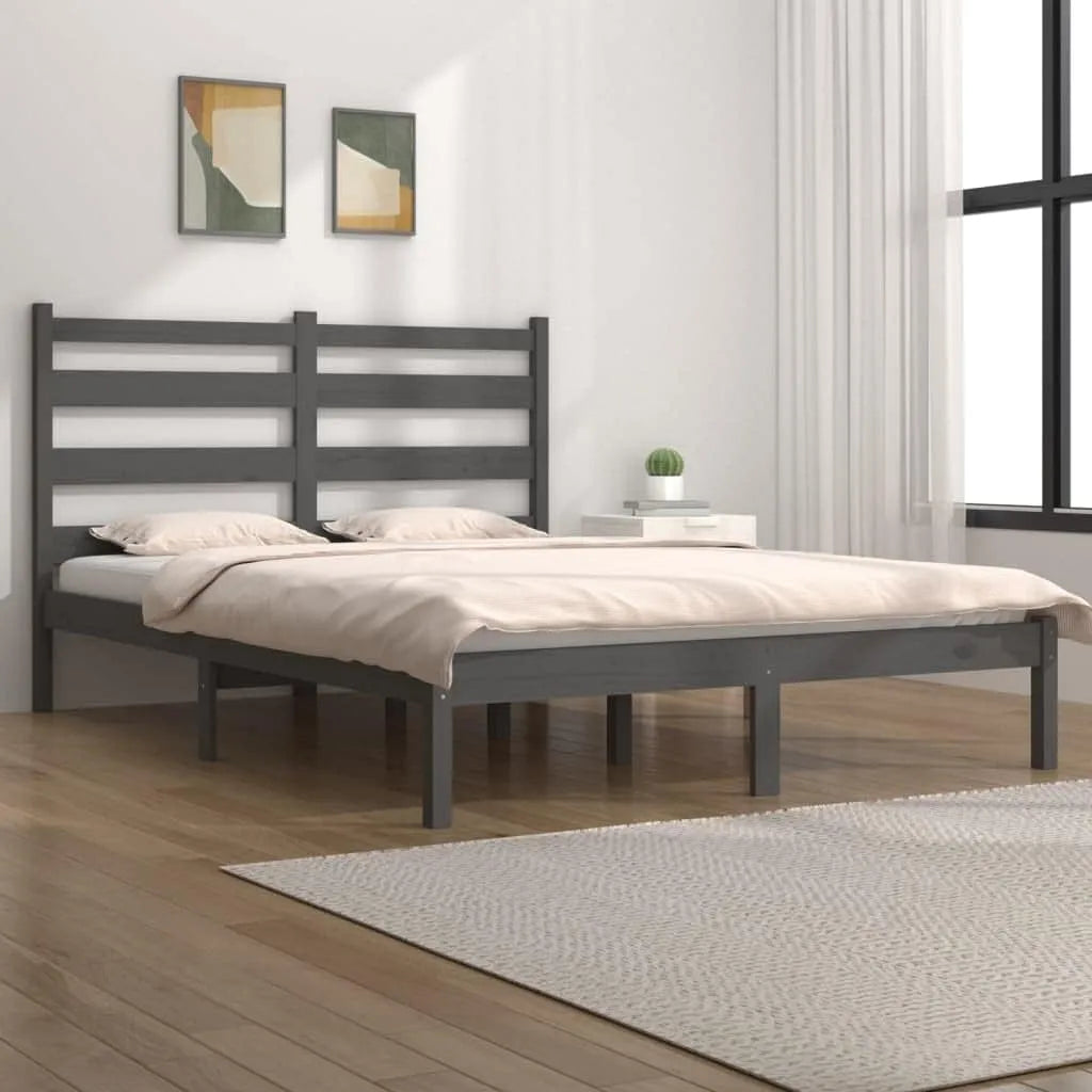 Łóżko z litego drewna sosnowego: z drewna, 200 × 200 cm, szary, tapicerka materiałowa