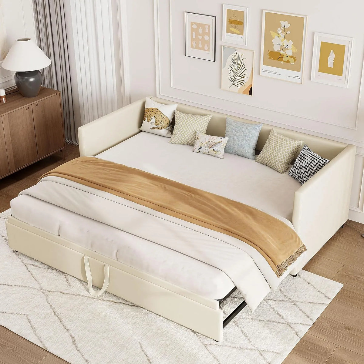 Sofa rozkładana i sofa z funkcją spania — tapicerka aksamitna, 180 × 200 cm, beżowy