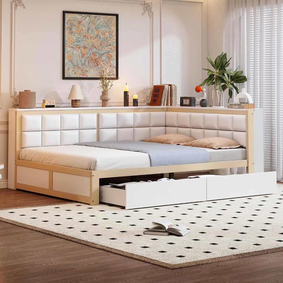 Sofa — z drewna, z szufladami, z oparciem, składana konstrukcja, 2 szufladami, 140 × 200 cm