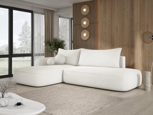 Sofa narożna — BABU, 300 × 105 × 60 cm, biały, z funkcją spania