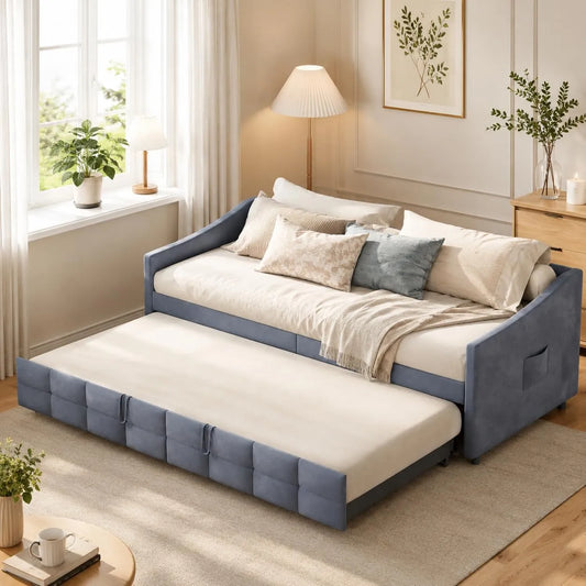 Sofa – z funkcją spania, tapicerka aksamitna, 2-osobowa, 180 × 200 cm, szary, rozkładana konstrukcja, tapicerka materiałowa