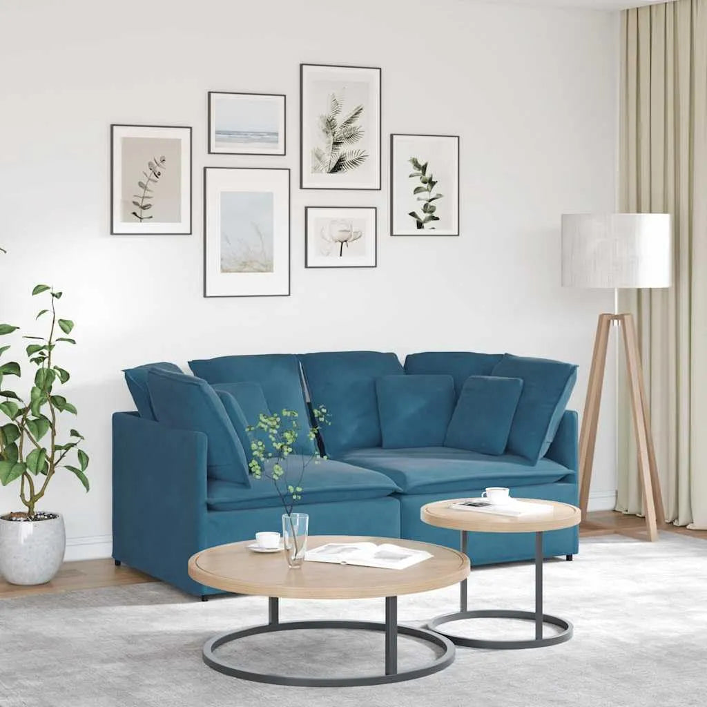 Sofa narożna — modułowa konstrukcja, wypełnienie piankowe, z poduszkami, tapicerka aksamitna, 200 × 100 × 64 cm, niebieski, z metalu