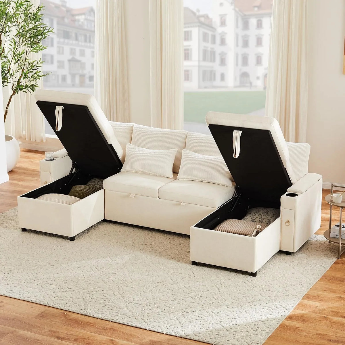 Sofa narożna: w kształcie litery U, ze sztruksu, z tkaniny szenilowej, z funkcją spania, 272 × 131 × 84 cm, beżowy