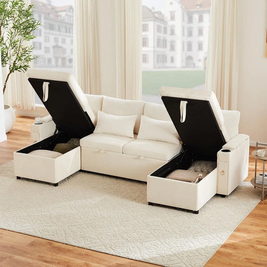 Sofa narożna: w kształcie litery U, ze sztruksu, z tkaniny szenilowej, z funkcją spania, 272 × 131 × 84 cm, beżowy