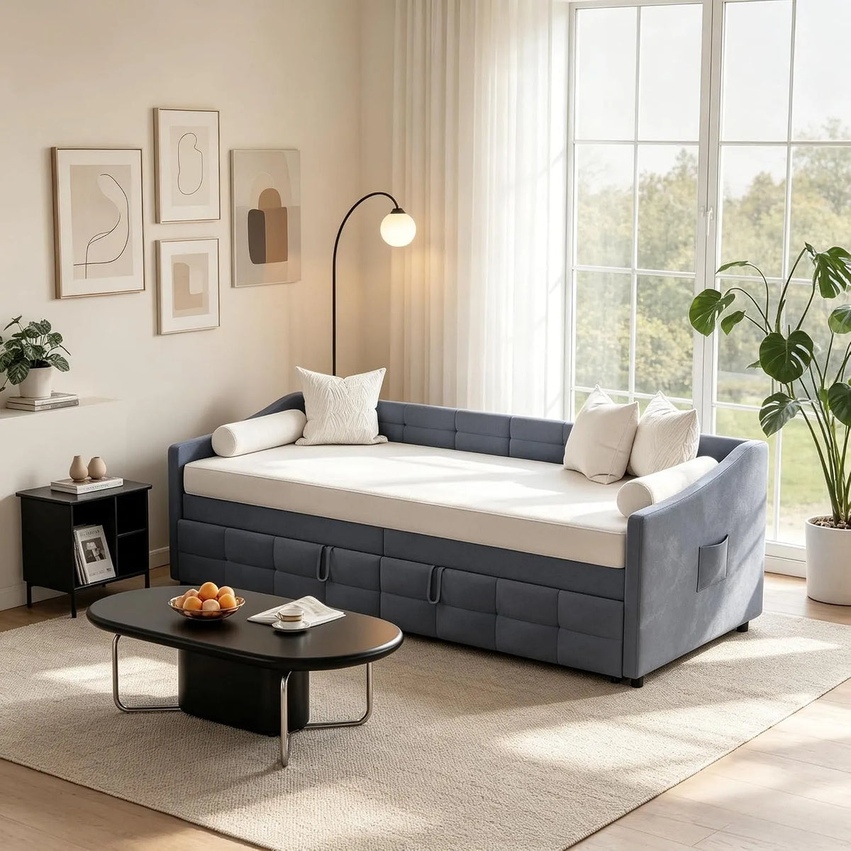 Sofa – tapicerka aksamitna, 90 × 200 cm, szary, rozkładana konstrukcja, tapicerka materiałowa