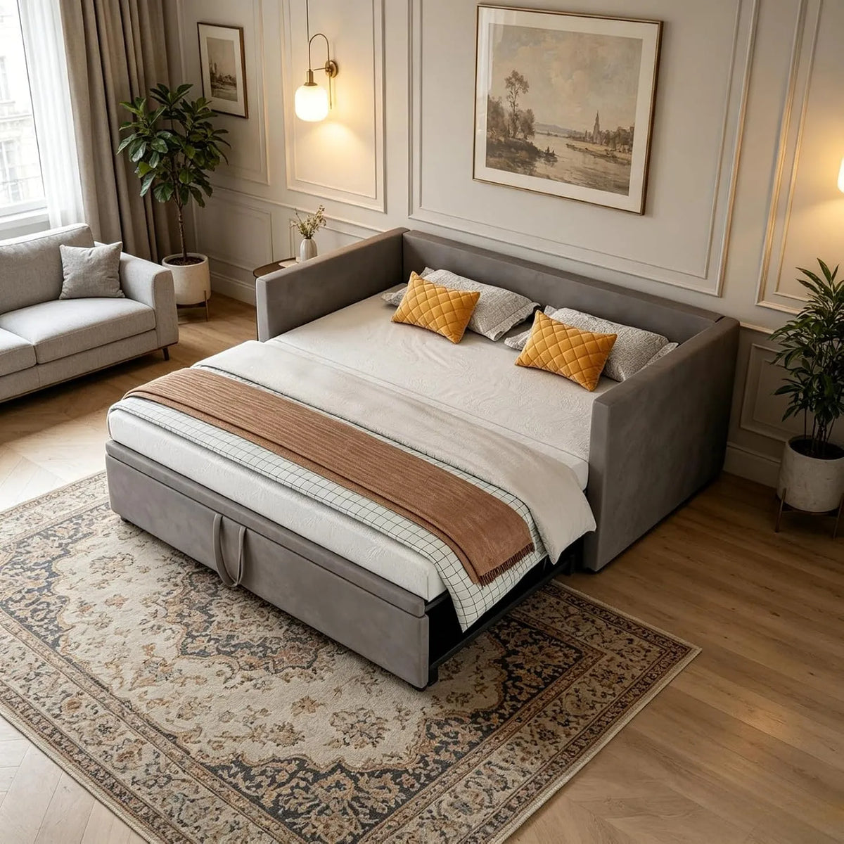 Sofa rozkładana i sofa z funkcją spania — z funkcją spania, tapicerka aksamitna, 2-osobowa, 180 × 200 cm, beżowy, tapicerka materiałowa