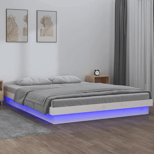 Łóżko zagłówek łóżko podłogowe sypialnia meble pojedyncze łóżko z litego – z drewna, wyświetlacz LED, 160 × 200 cm, biały, z litego drewna