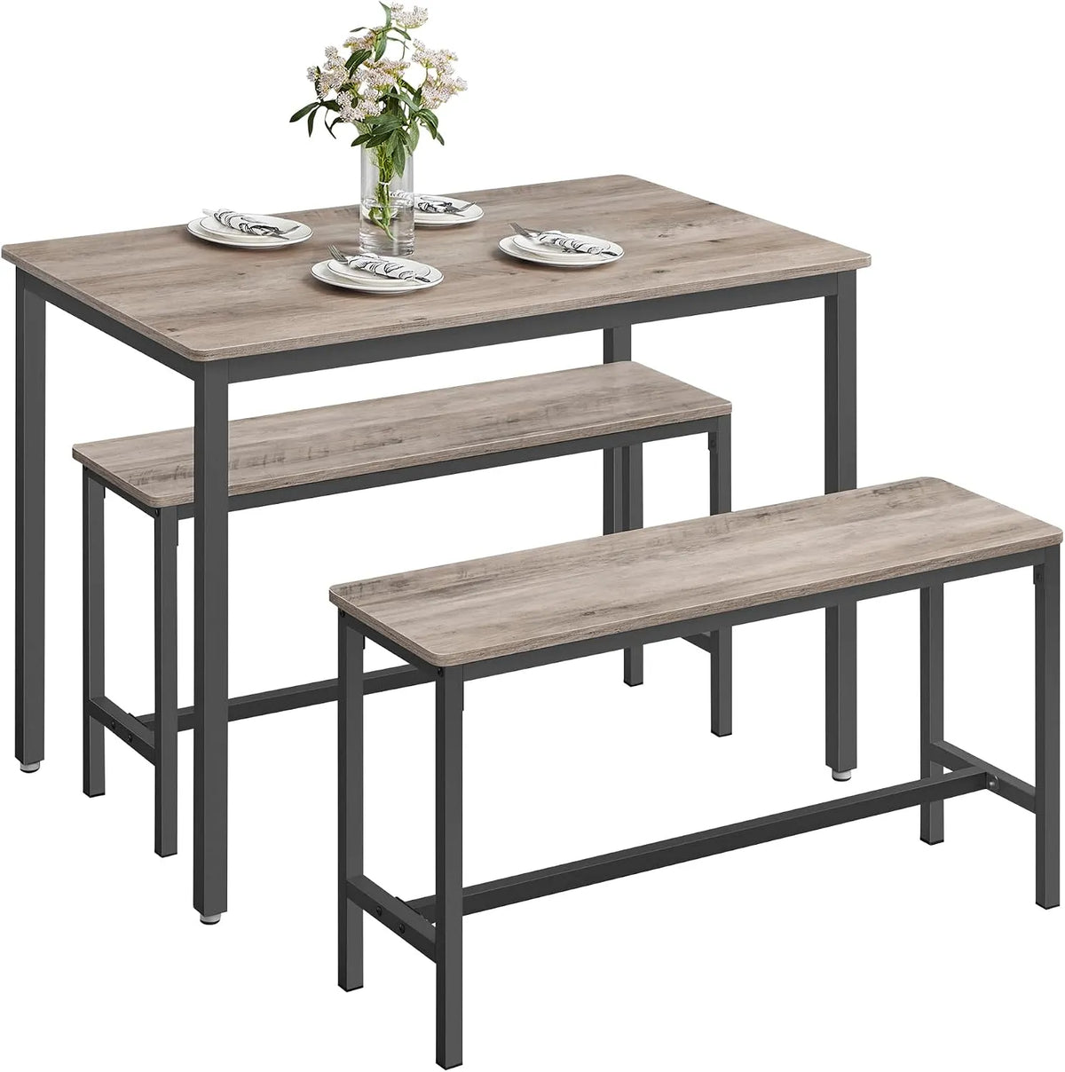 VASAGLE KDT070B02 Stół jadalny z 2 ławkami — 70 × 110 × 75 cm, 30 × 97 × 50 cm, czarny, z metalu