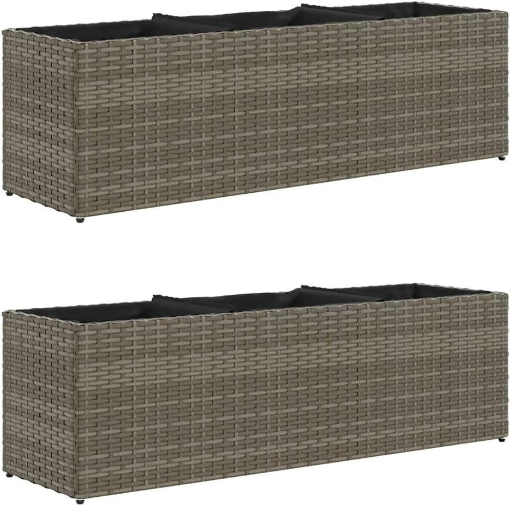 Donica na rośliny z 3 doniczkami z polirattanu — odporny na warunki atmosferyczne, z technorattanu, 105 × 30 × 32 cm, szary, z metalu